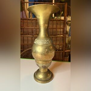 Brass Vase With Purple Flowers Near The Base,Most Likely From India